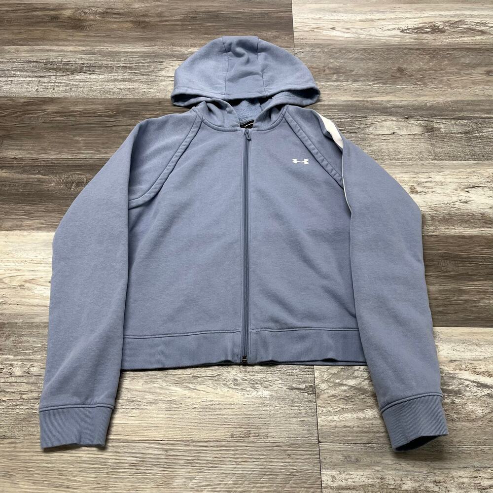 Under Armour Rival Fleece Blue White Womens L Full Zip Spellout Sleeve Hoodie
